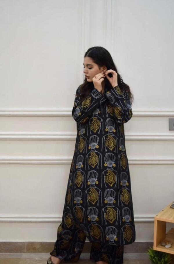 2Pcs Stitched Dure Fishan Linen Block Printed Shirt And Trouser - Image 6