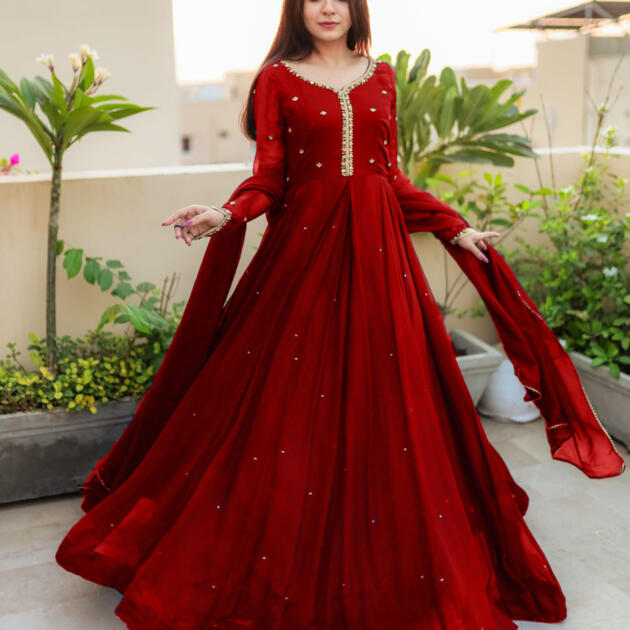 Embroidered with Pearls Attached Long Maxi With Lace Work Chiffon Dupatta 3Pcs