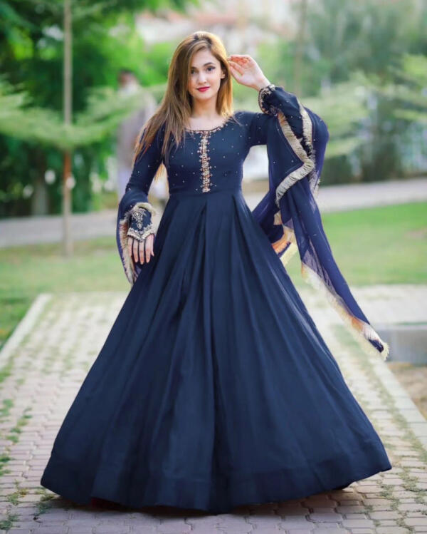 Neck, Sleeves Embroidered with Pearls Attached Long Maxi With Lace Work Dupatta 3PCs - Image 5