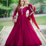Neck, Sleeves Embroidered with Pearls Attached Long Maxi With Lace Work Dupatta 3PCs