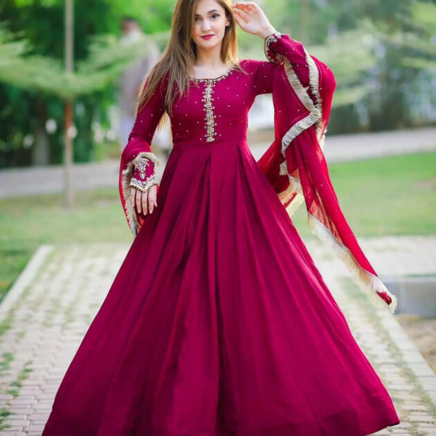 Neck, Sleeves Embroidered with Pearls Attached Long Maxi With Lace Work Dupatta 3PCs