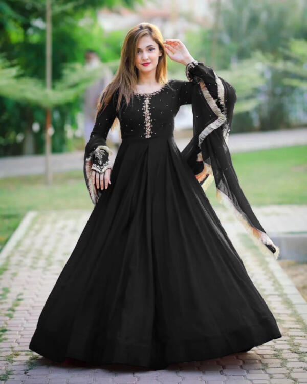 Neck, Sleeves Embroidered with Pearls Attached Long Maxi With Lace Work Dupatta 3PCs - Image 6
