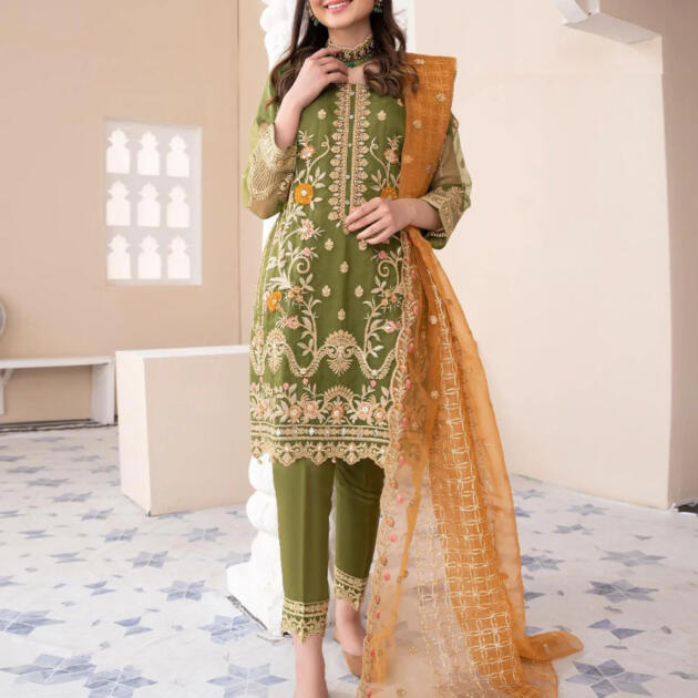Heavy Embroidered Shirt with Embroidered Trouser & Embroidered Dupatta 3PCs