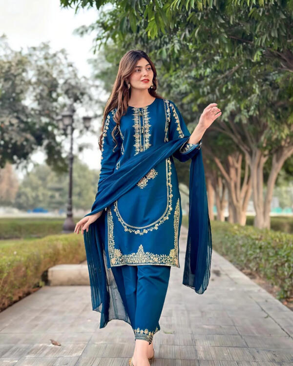 Sequence Embroidered on Shirt, Sleeves with Embroidered Trouser 3PCs - Image 5