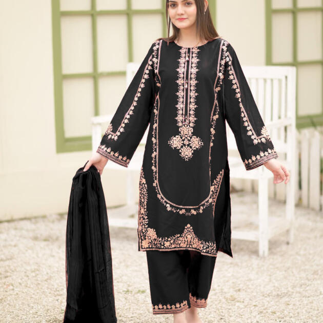 Sequence Embroidered on Shirt, Sleeves with Embroidered Trouser 3PCs