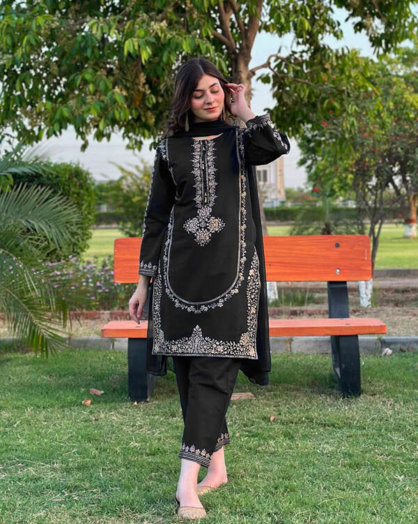 Sequence Embroidered on Shirt, Sleeves with Embroidered Trouser 3PCs - Image 2