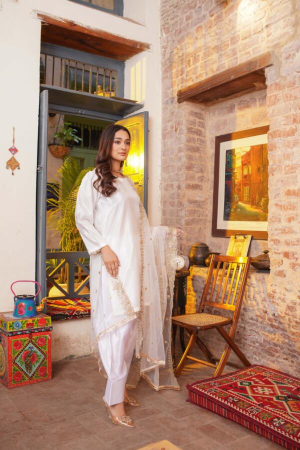 Farshi Shalwar Korean kattan silk white ebroidered 3Pcs - Image 3