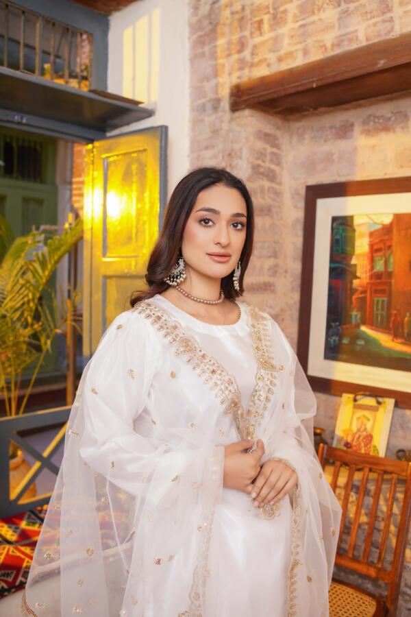 Farshi Shalwar Korean kattan silk white ebroidered 3Pcs - Image 4