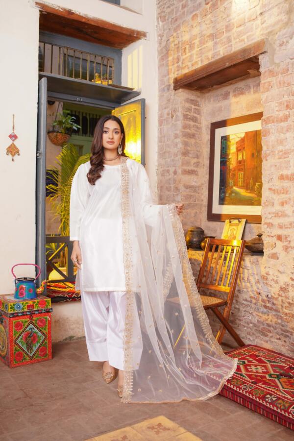 Farshi Shalwar Korean kattan silk white ebroidered 3Pcs