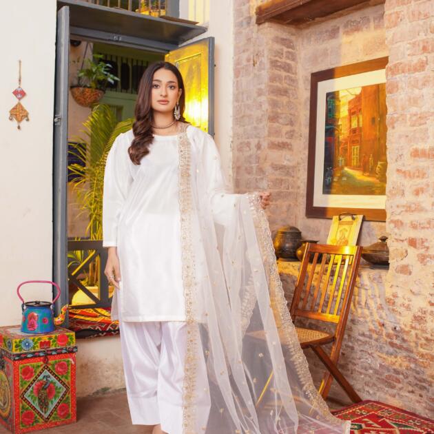 Farshi Shalwar Korean kattan silk white ebroidered 3Pcs