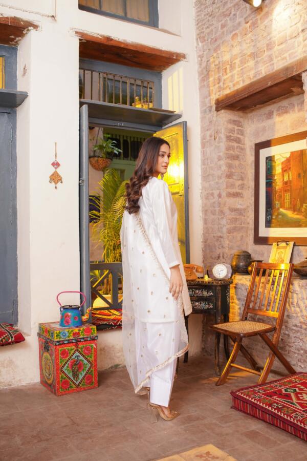 Farshi Shalwar Korean kattan silk white ebroidered 3Pcs - Image 6