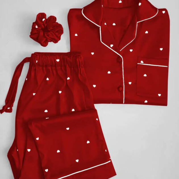 Heart Print Piping work on Shirt and Trouser Night Suit 3PCs (With scrunch)