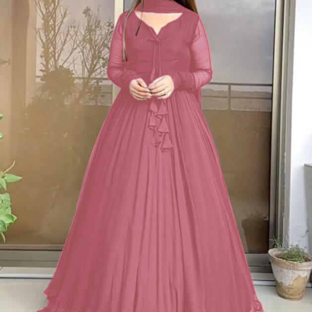 Two Layer Border Front & Back Lace work Long Flare Maxi With Plain Duptta 3PCs