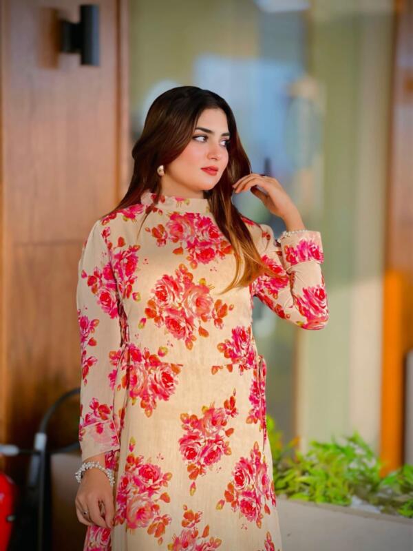 Pink Flower Printed Chaffon Frock