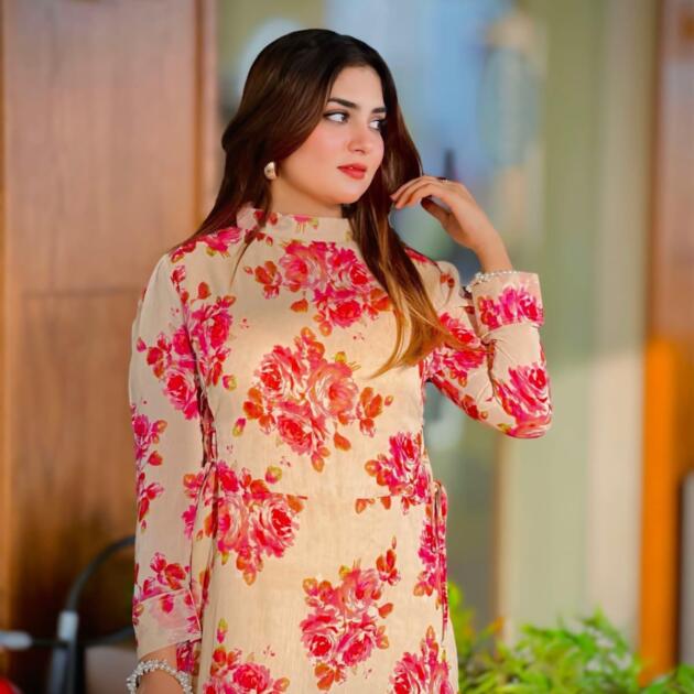 Pink Flower Printed Chaffon Frock