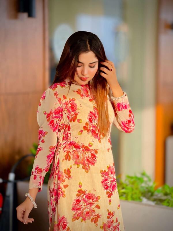 Pink Flower Printed Chaffon Frock - Image 2