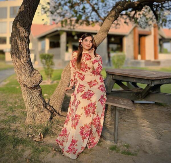 Pink Flower Printed Chaffon Frock - Image 3
