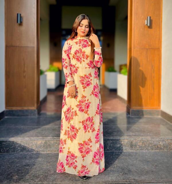 Pink Flower Printed Chaffon Frock - Image 4