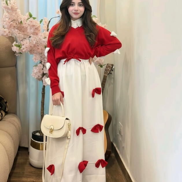 Red & White Bow Attached Turkish Style Long Frock 2-Piece Set