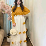 Mustrad & White Bow Attached Turkish Style Long Frock 2-Piece Set
