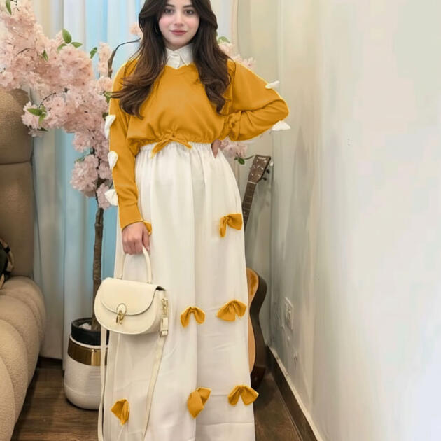 Mustrad & White Bow Attached Turkish Style Long Frock 2-Piece Set